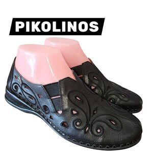 PIKOLINOS 6/6.5 Black Leather Laser Cut Slip On Logo Casual Career Work Loafers